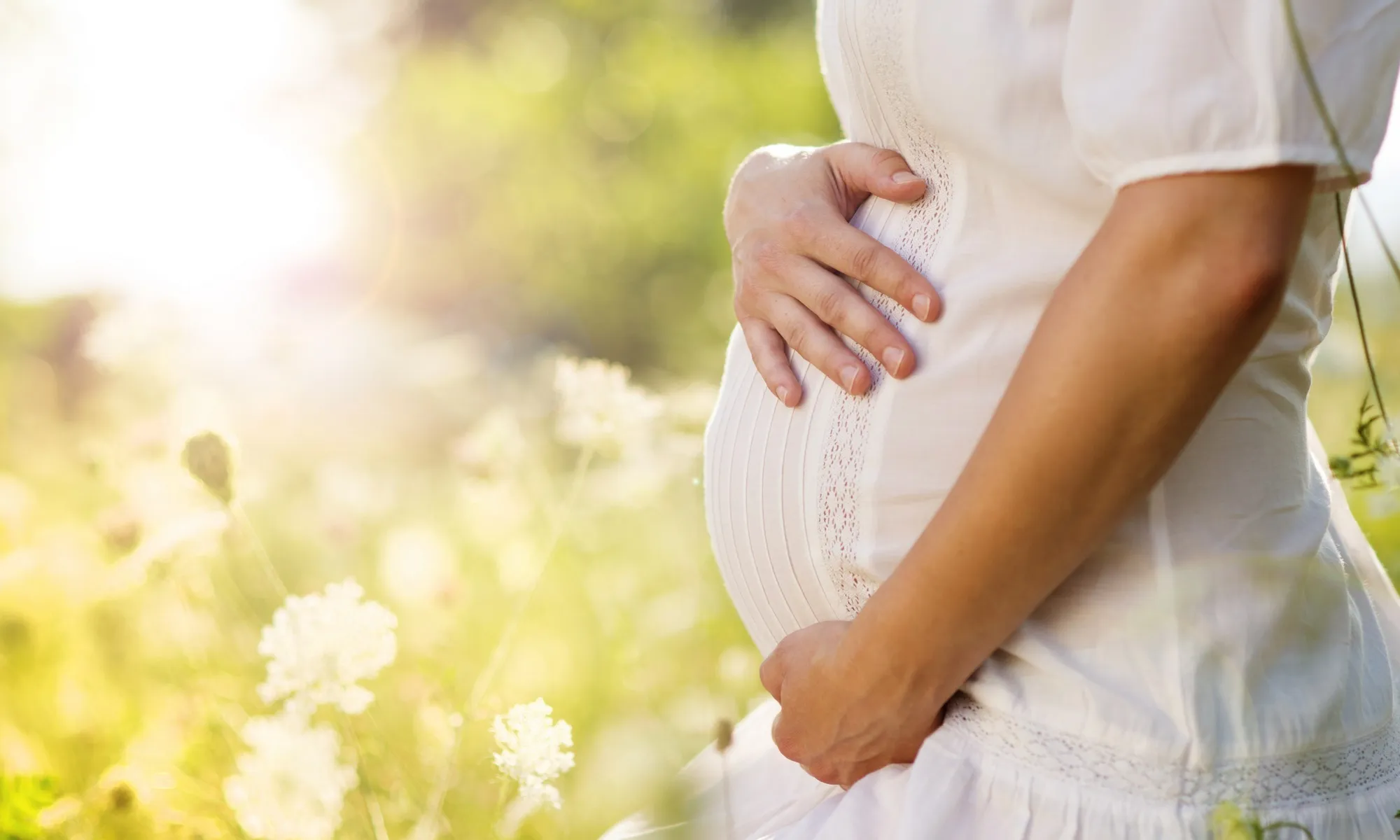An expectant mother in a white dress, both hands resting on her bump, standing in a sunlit meadow